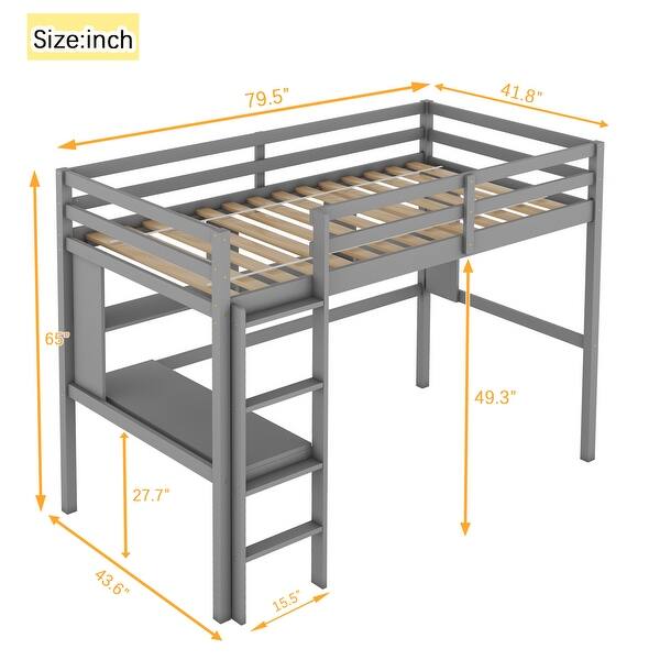 Grey Twin Size Wood Loft Bed with Desk, Shelves, and Guardrail