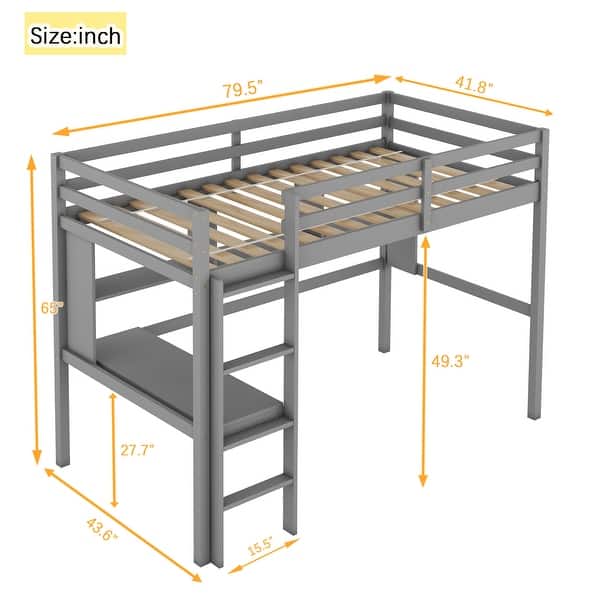 dimension image slide 0 of 2, Twin Size Wood Loft Bed with desk and shelves, Safety Guardrail and ladder