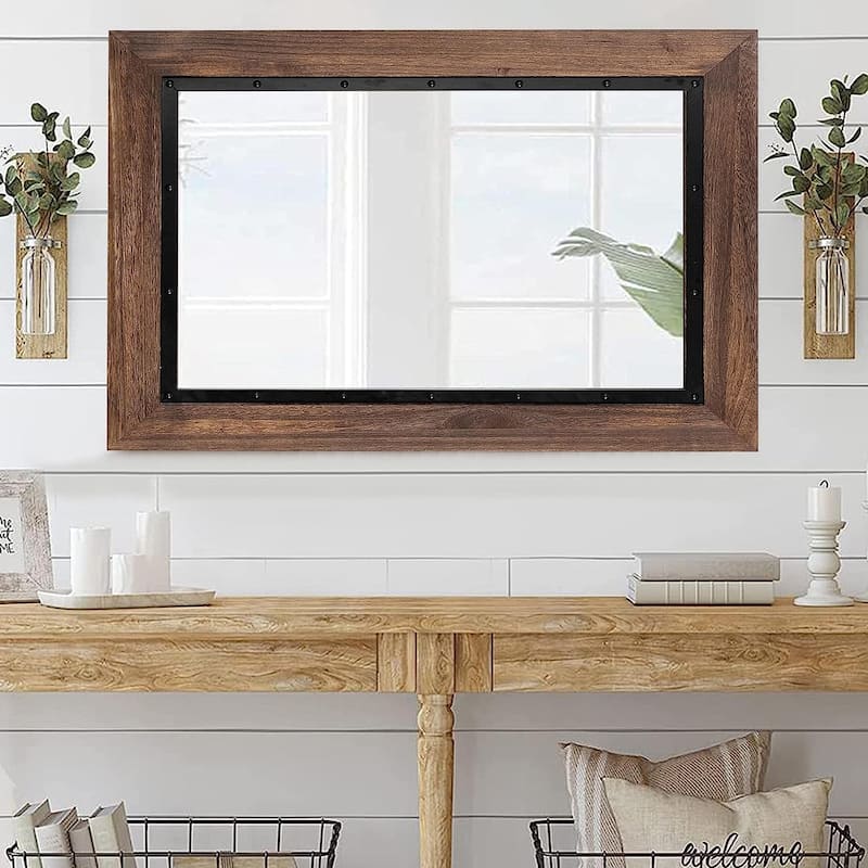 Rustic Wooden and Embedded Iron Framed Wall Bathroom Vanity Mirror