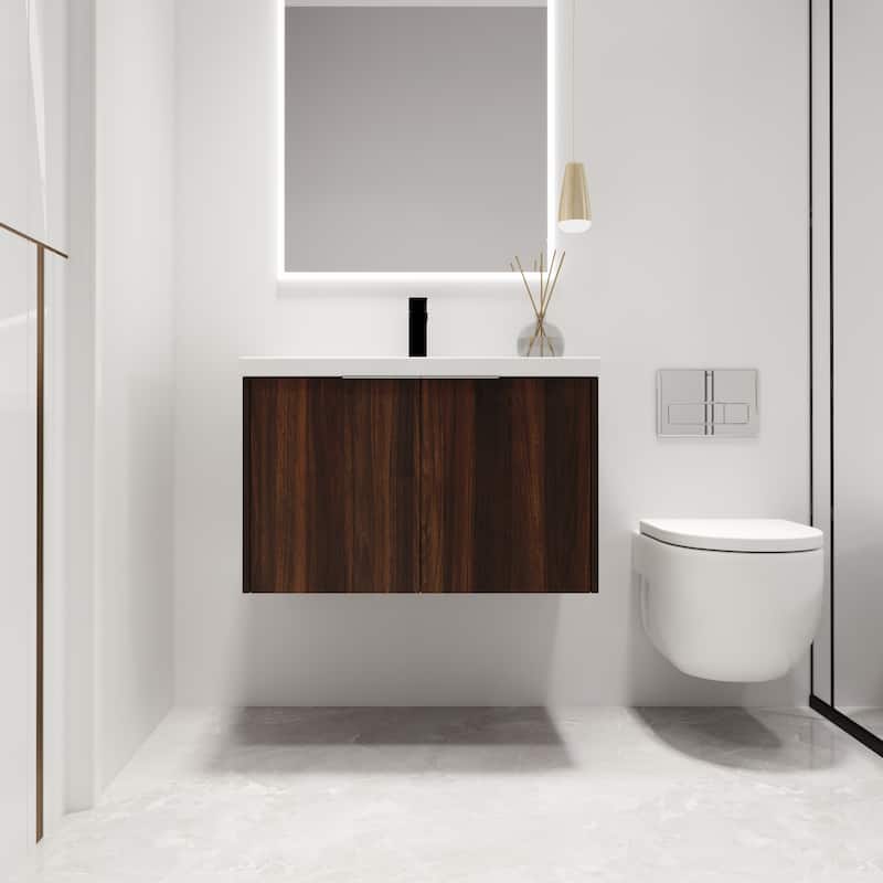 Malwee 24"/30"/36" Floating Bathroom Vanity, Modern Wall Mounted Bathroom Vanity with Resin Top and Soft Close Door - 29.5"×18.1"×19.3" - Dark Brown