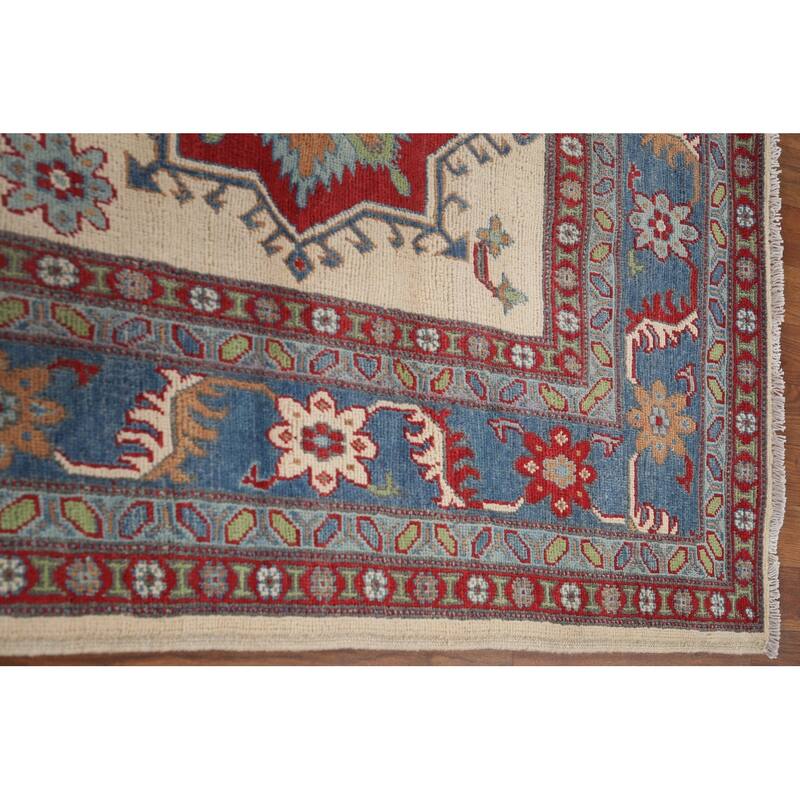 Hand Knotted Oriental 100% Wool Carpet Traditional Geometric Beige & Ivories Kazak Area Rug - 9' 11'' X 6' 8''