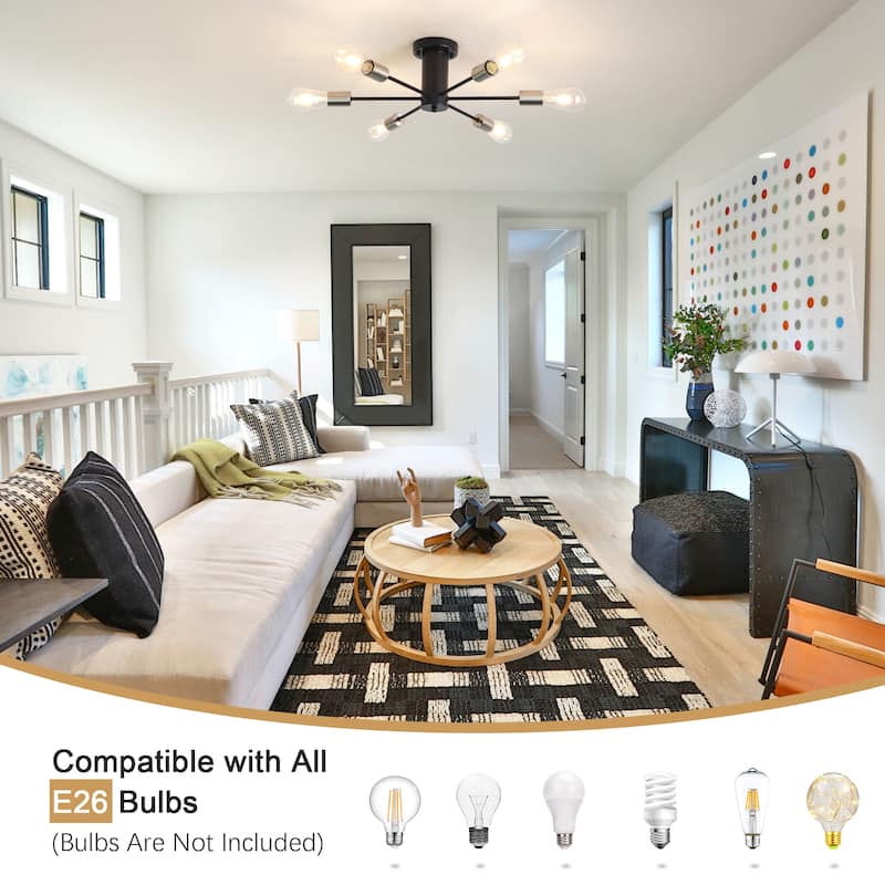 6-Light Modern Industrial Sputnik Semi-Flush Mount Ceiling Light - N/A