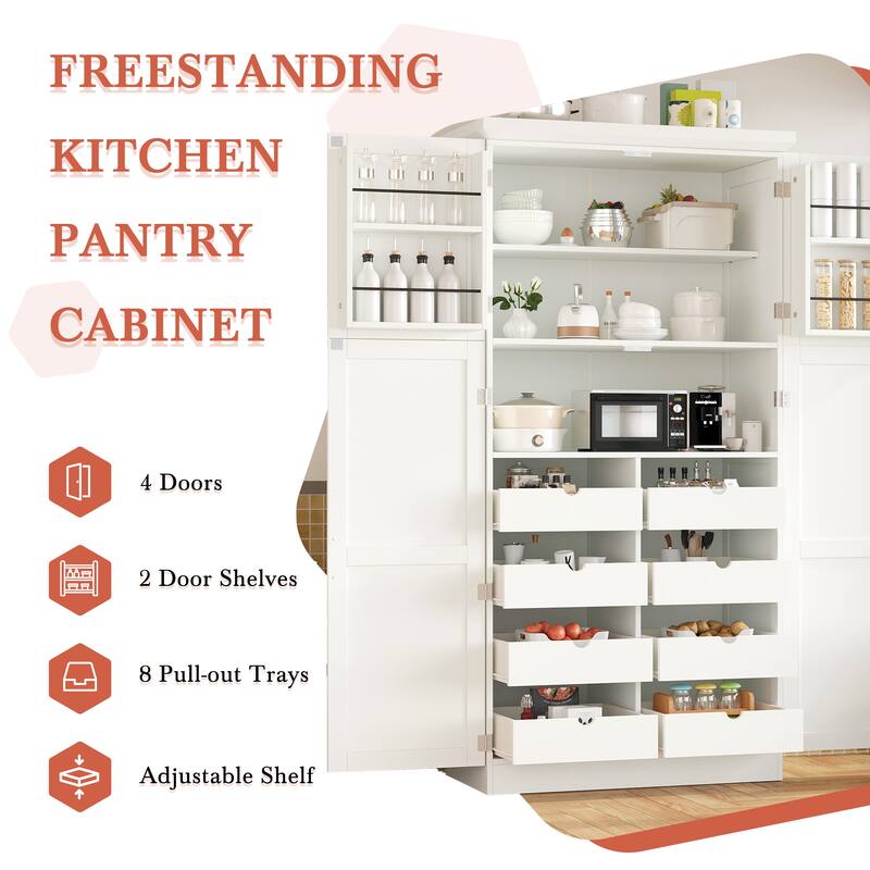 Roomfitters 71 Inch Freestanding Kitchen Pantry with 8 Pull-Out Trays and Door Shelves, Shaker Cabinet