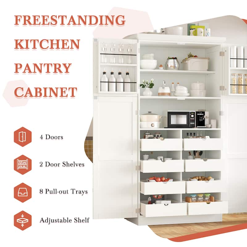 Tall Kitchen Pantry Cabinet with Pull-Out Trays - 35.5" 4-Door Storage Unit, Adjustable Shelves for Dining Room