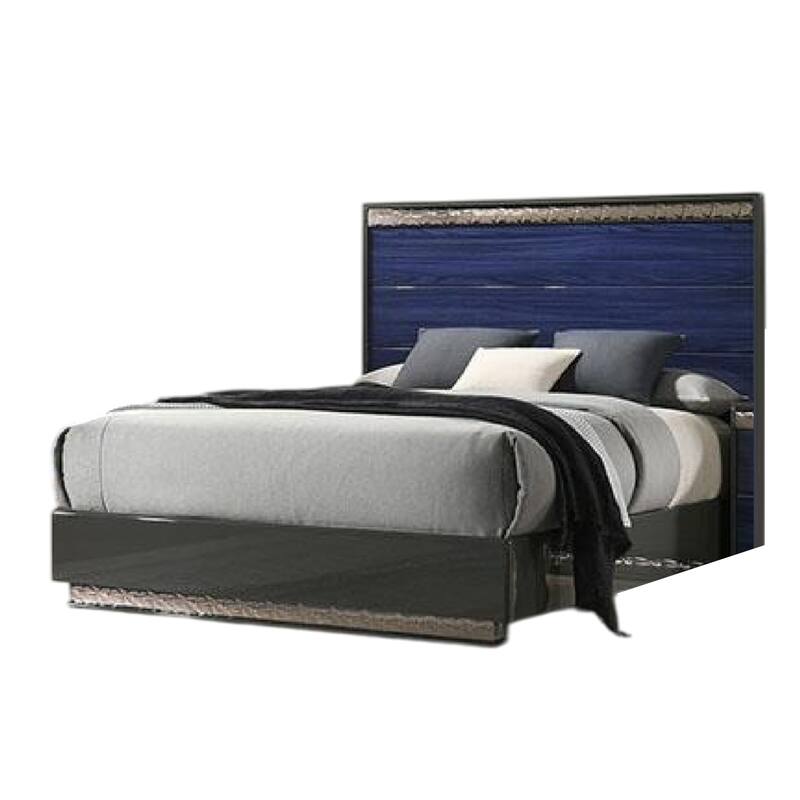 Cote King Bed, Slat Panel Headboard, Ash Gray and Indigo Blue Wood