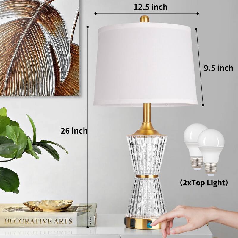Gold Acrylic Night-light Table Lamp 2in1 with 2 USB Charging Ports An AC Outlet Rotary Switch & Rocker Switch (Set of 2)
