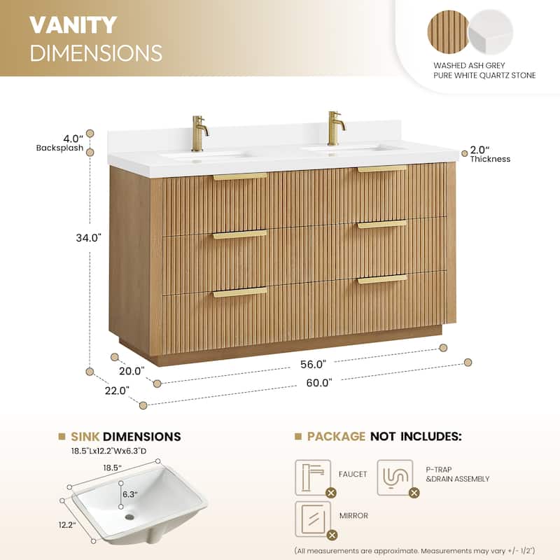 Santarem Double Vanity with Pure White Quartz Stone Top without Mirror