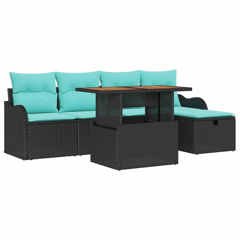 vidaXL 6 Garden Sofa Set with Cushions Black/Grey Poly Rattan - 90.9 x 46.1 x 27.2