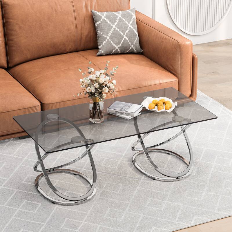 31.50"Modern Rectangle Glass Coffee Table with Ring-Shaped Frames, Chrome Finish and Gray Tempered Glass
