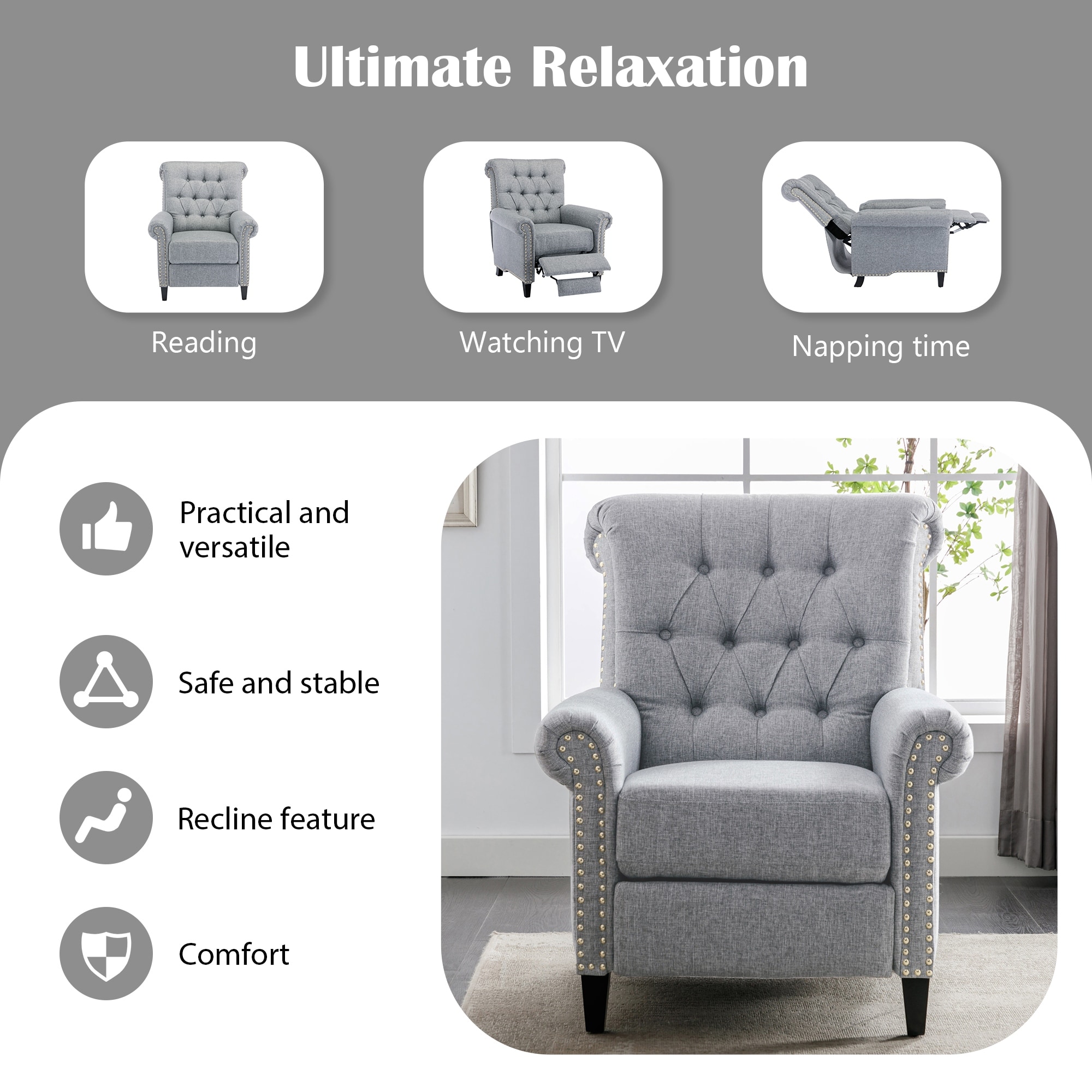 27 Manual Recliner Chair, Wingback Reclining Chair with Padded Seat  Cushion,Single Sofa with Rivets and Solid Wood Legs,Accent Chair Reading  Chair