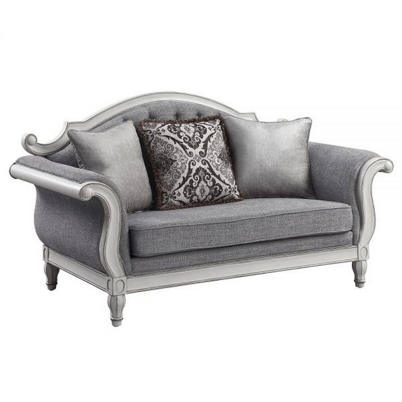 Fil 71 Inch Loveseat with 3 Pillows, Fabric Upholstery, Poplar Wood, Gray