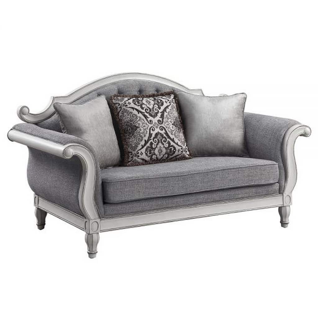 Fil 71 Inch Loveseat with 3 Pillows, Fabric Upholstery, Poplar Wood, Gray