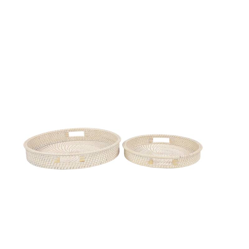 Cream Rattan Living Room Decor Tray with Slot Handles (Set of 2) - 20 x 20 x 3Round