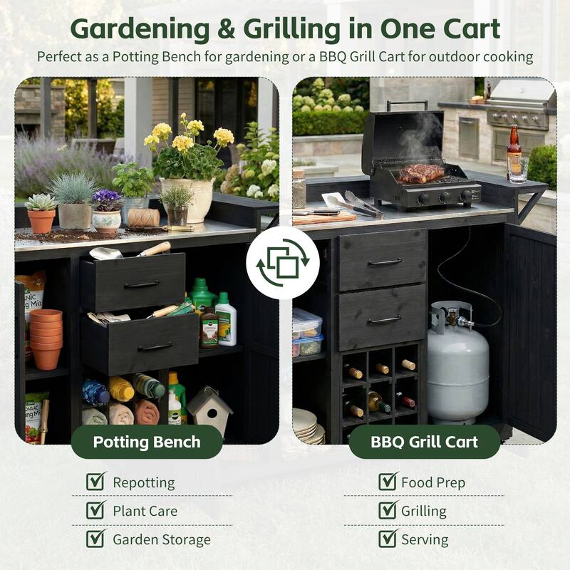 Modern 60.2" W Outdoor BBQ Kitchen Island with Wheels, Stainless Steel Top, Drawers, Spice Rack & Wine Rack