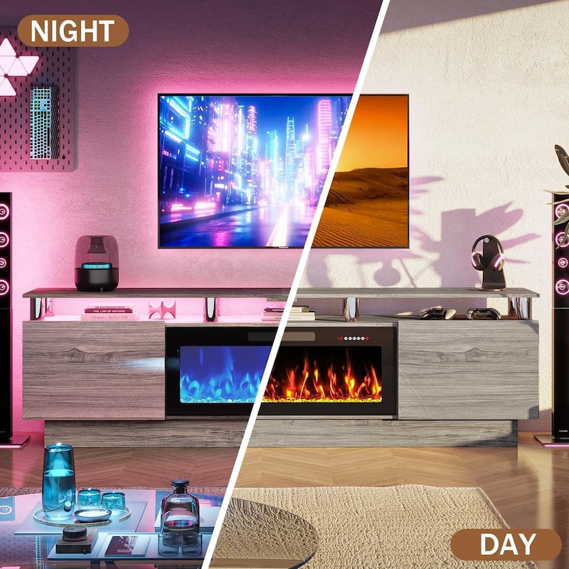 BOSSIN Modern 80" TV Stand with 36" Fireplace & LED Lights for TVs Up to 90", White with Golden Pillars, Storage Cabinets