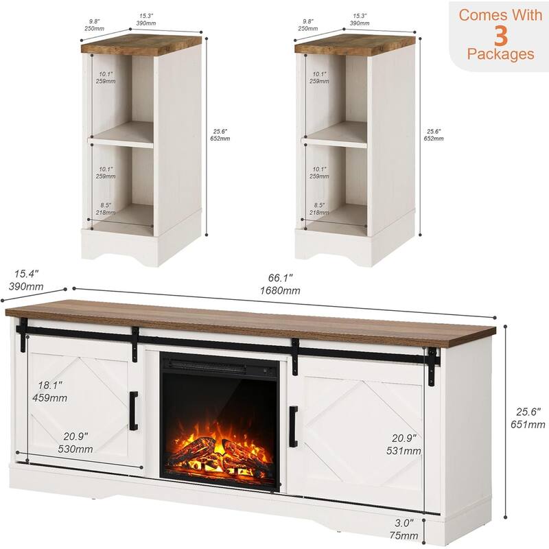 Fireplace TV Stand Farmhouse Sliding Barn Door Entertainment Center