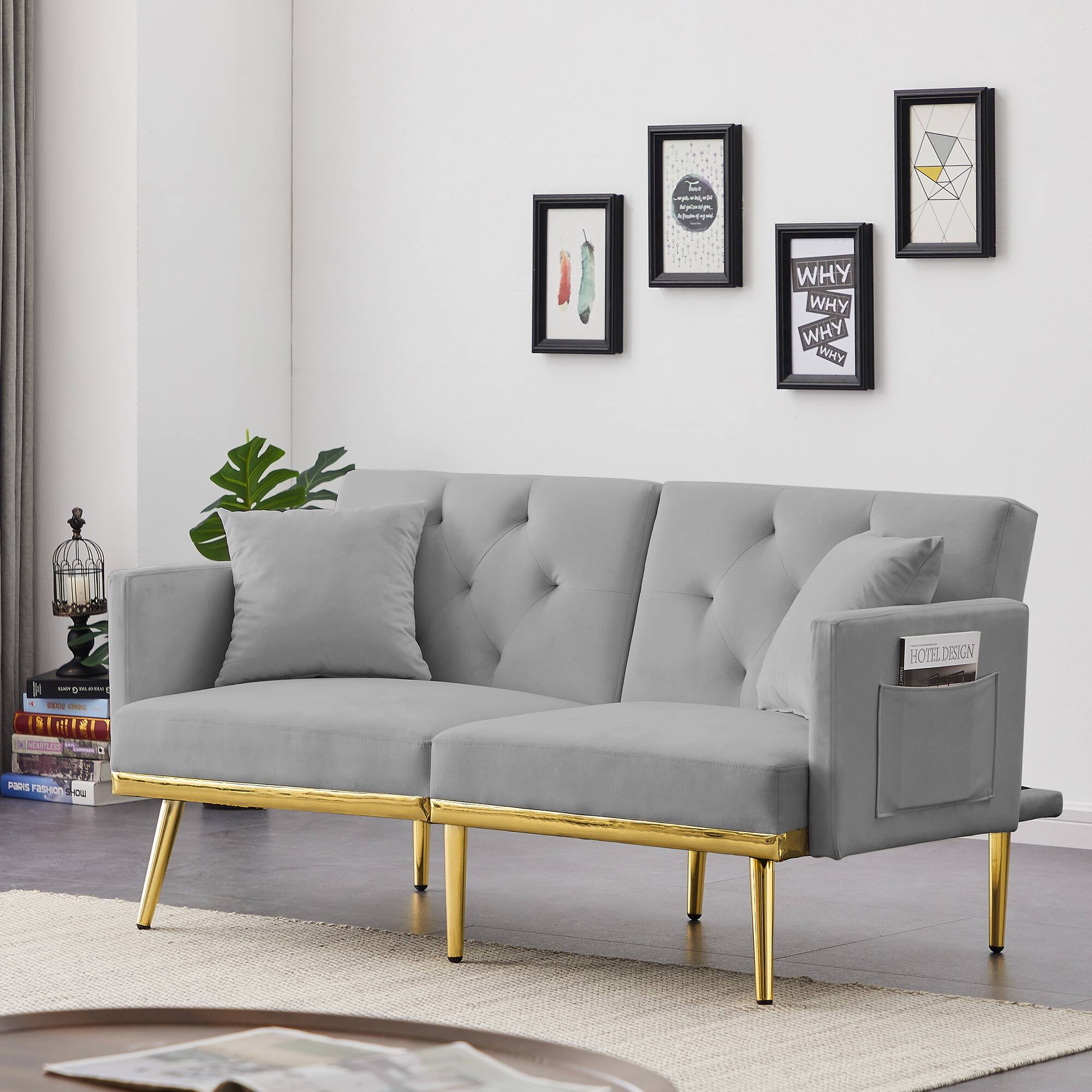 Velvet Sofa Bed Seat Convertible Futon Loveseat Sleeper Sofa with Metal