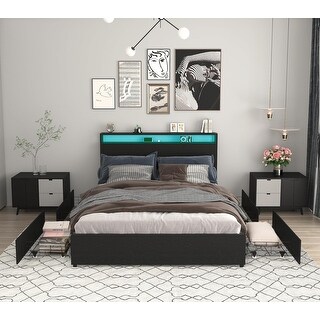 Full Size Bed Frame with LED Headboard, 4 Storage Drawers, USB Charging ...