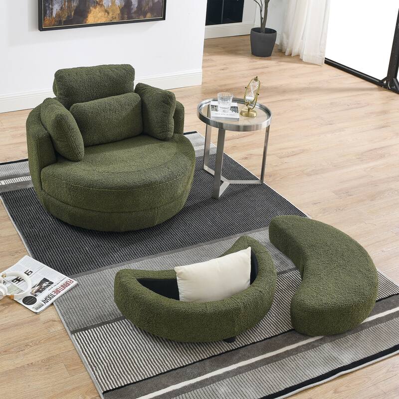 Oversized Teddy Fabric Swivel Barrel Chair with Moon Ottoman & 4 Pillows