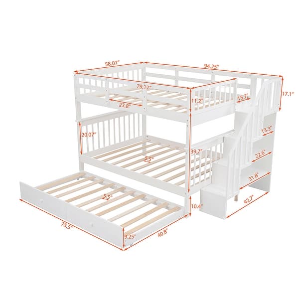 Full Over Full Bunk Bed with Twin size Trundle and Storage Stairway ...