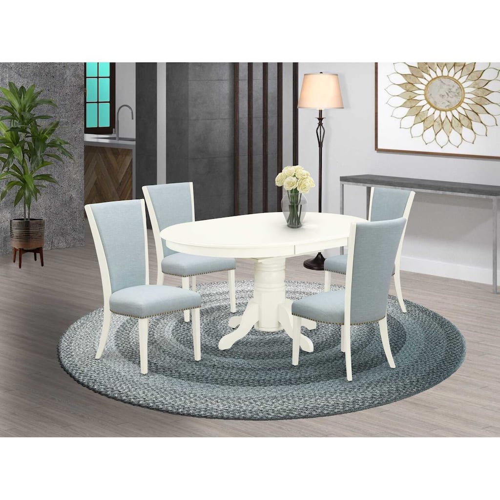 HomeStock 5-Piece Oval Linen White Finish Solid Wood Top Dining Table with 4 Parson Chair with Butterfly Leaf Lattice Back