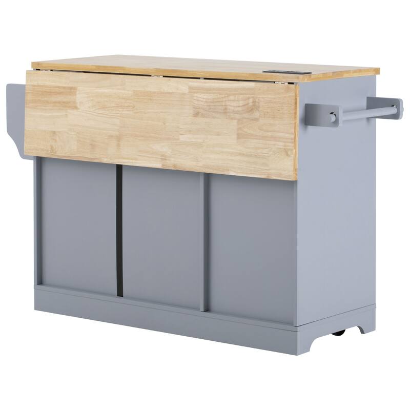 59.3" Rolling Kitchen Island with Drop Leaf, Power Outlet & Trash Can Storage