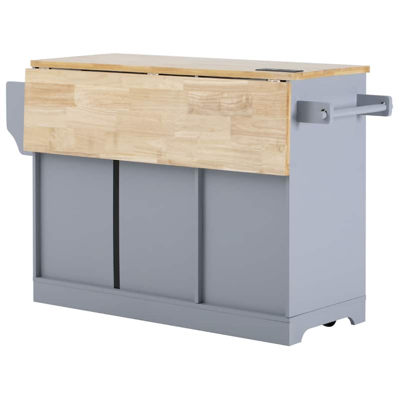 59.3" Rolling Kitchen Island with Storage and Pull-Out Organizers Rubber Wood Drop Leaf Rolling Design for Versatile Use