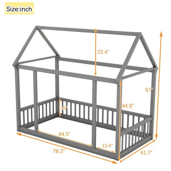 dimension image slide 0 of 2, Twin Size Floor Wooden Bed with House Roof Frame and Safety Guardrails
