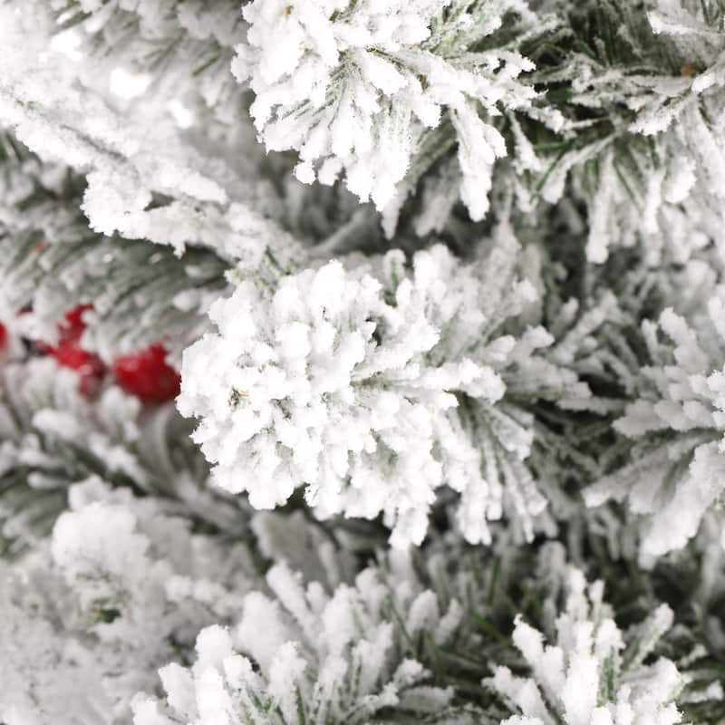 Glitzhome 4ft Pre-Lit Flocked Artificial Christmas Porch Tree with and Red Berries and 60 Warm White/Multi-color Lights
