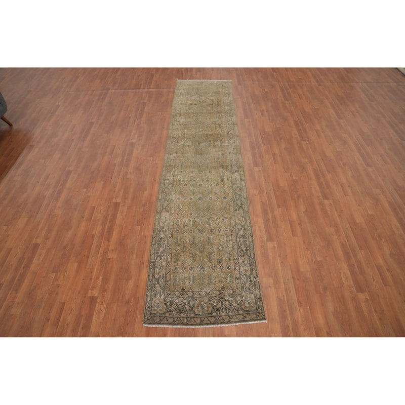 Hand Knotted Oriental 100% Wool Carpet Traditional Floral Brown Bibikabad Runner Rug - 12' 11'' X 3' 0''