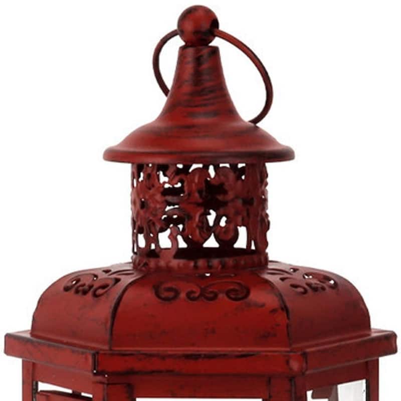 10" Red Distressed Filigree Metal Tabletop Lantern Candle Holder