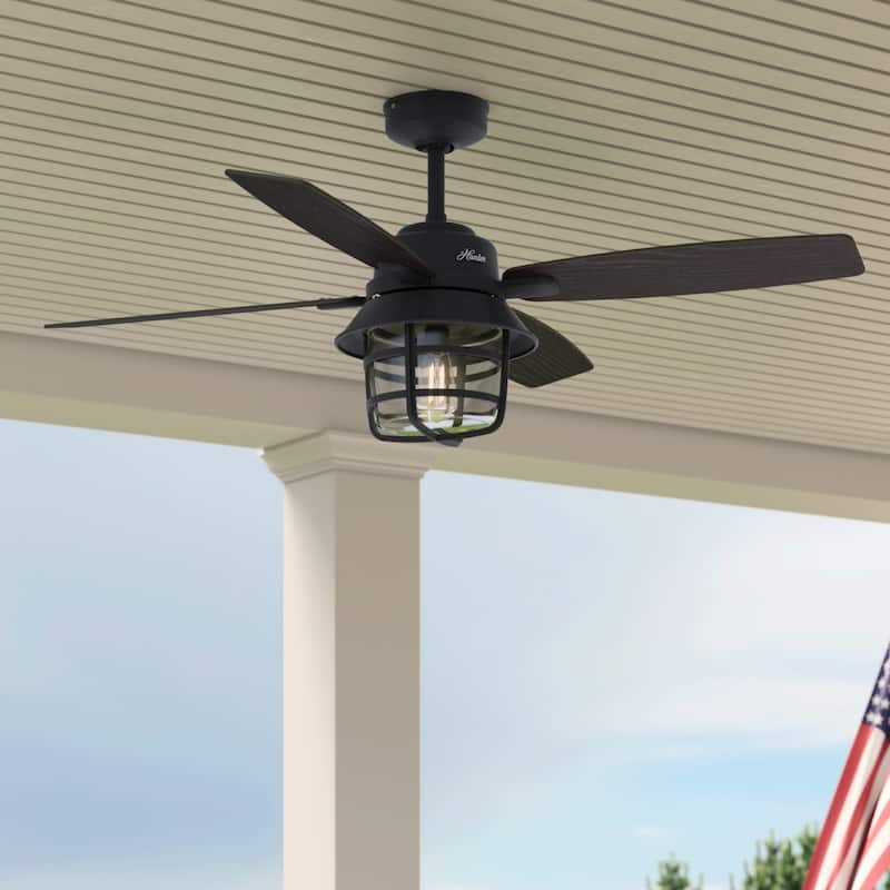 Hunter 52" Port Royale Outdoor Ceiling Fan with LED Light Kit and Handheld Remote, Damp Rated - Natural Iron