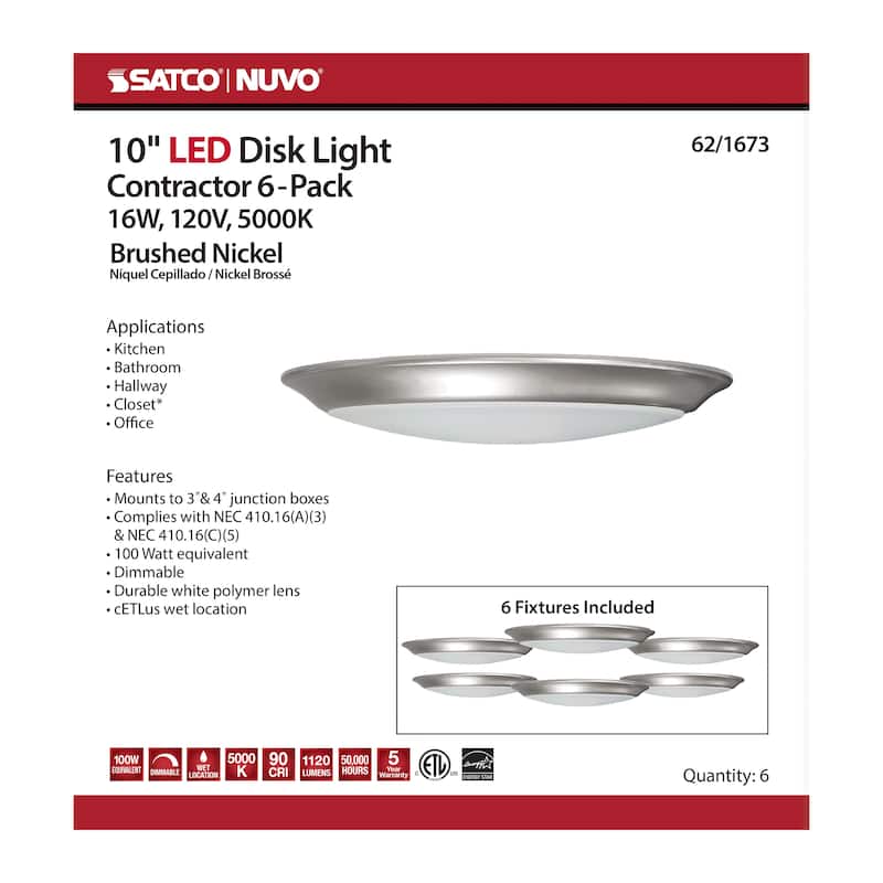 10 inch LED Disk Light 5000K 6 Unit Contractor Pack Brushed Nickel Finish - Brushed Nickel
