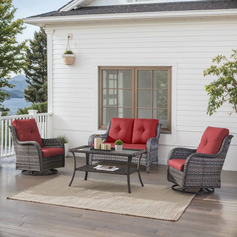 Outdoor Swivel Chairs with Loveseat Coffee Table Grey-Red - Grey - Grey - Red