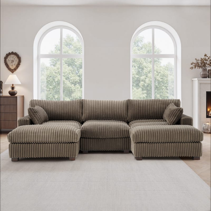 Oversied Plush Corduroy Fabric Modular Sectional Sofa with Chaise, Ottoman