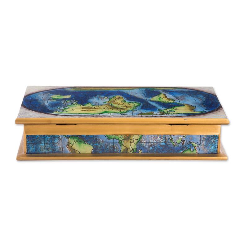 Handmade Wood Decorative Box Reverse-Painted Glass Map of the World ...