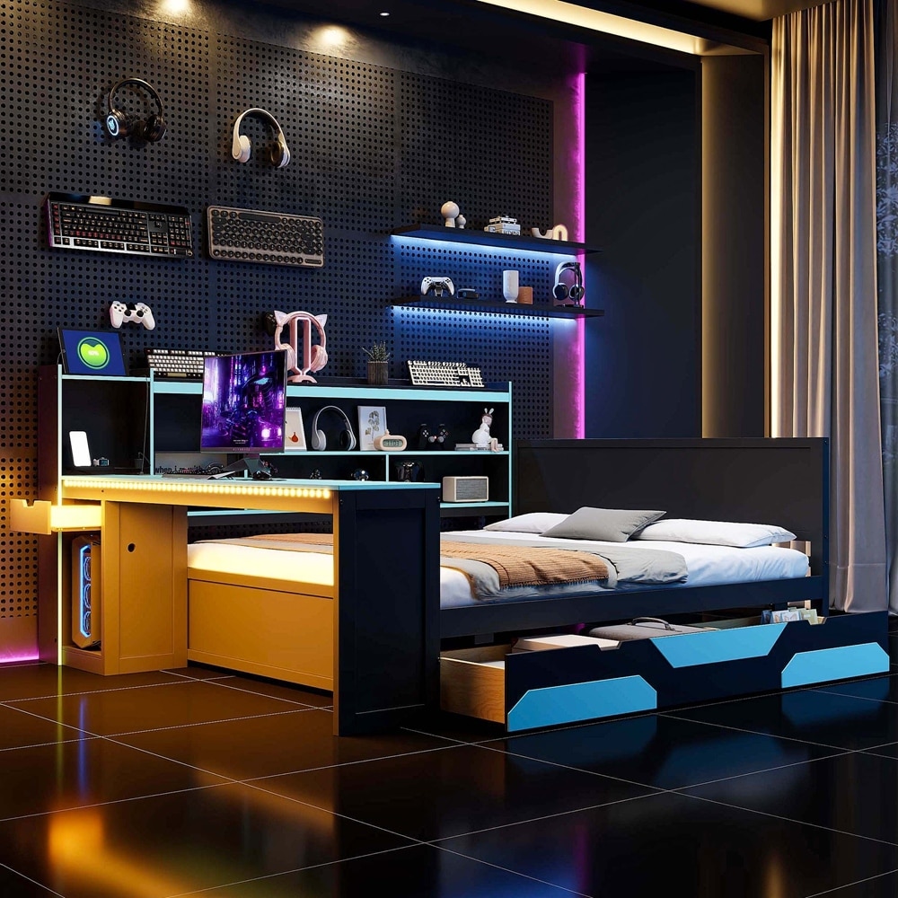 Modern Wooden Bed Frame with 3 Storage Drawers and Built-in Charging Station