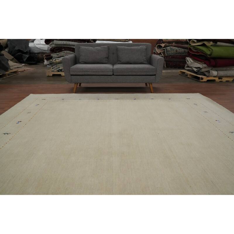 Hand Knotted Oriental 100% Wool Carpet Tribal Animal Pictorial Beige & Ivories Gabbeh Area Rug - 9' 7'' X 9' 9''