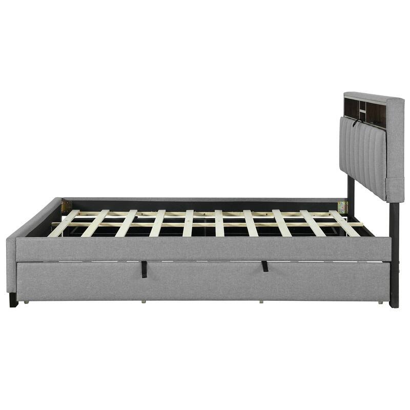 Queen Size Upholstered Bed with Storage Headboard,Platform Bed with Trundle,2 Drawers and Charging Station