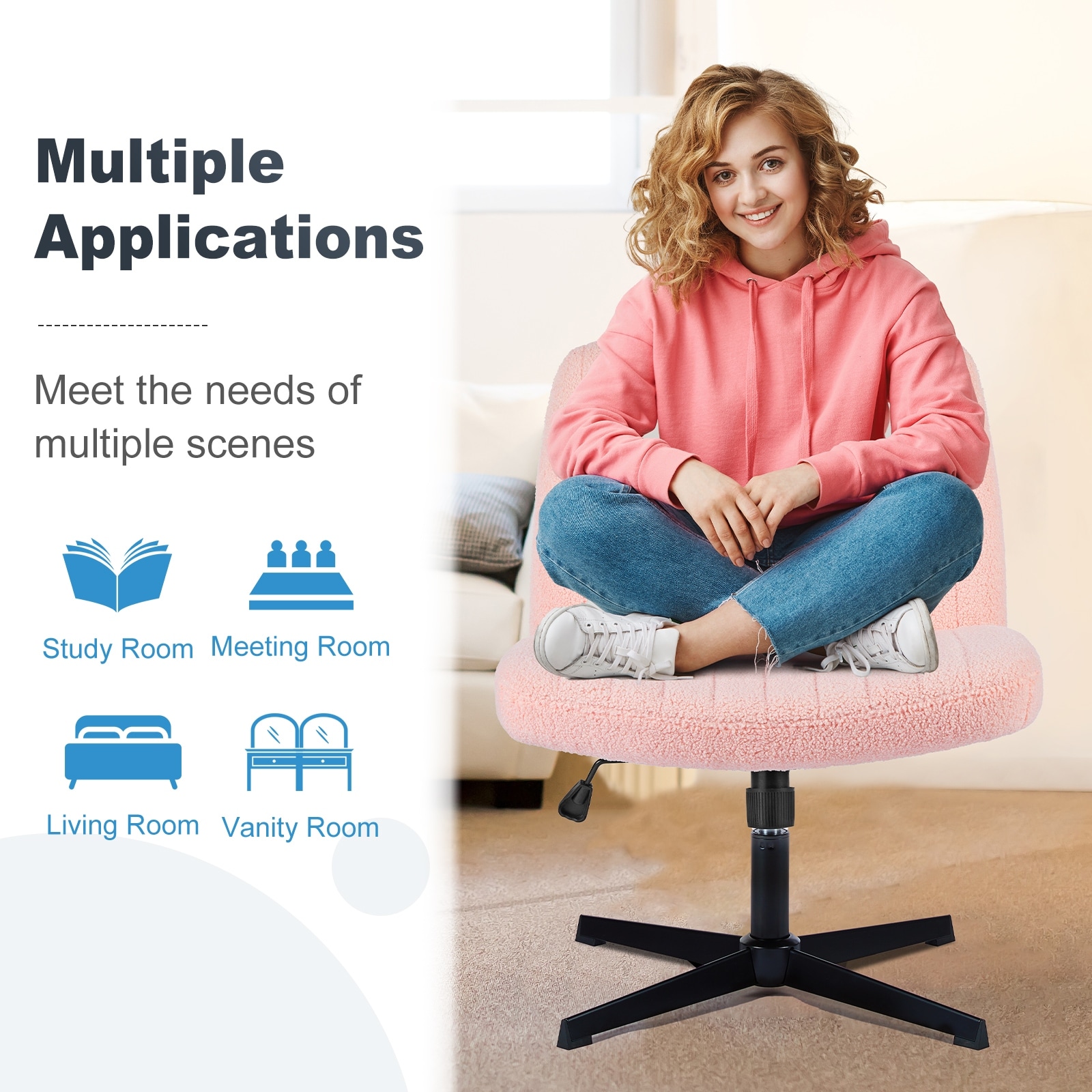 Armless Desk Chair without Wheels Wide Swivel Chair Teddy Fabric - Main Image