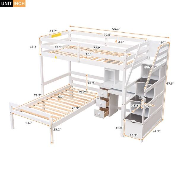 dimension image slide 1 of 4, Loft Bed with Twin Stand-Alone Bed, Storage Staircase & Desk - Full Storage Solution