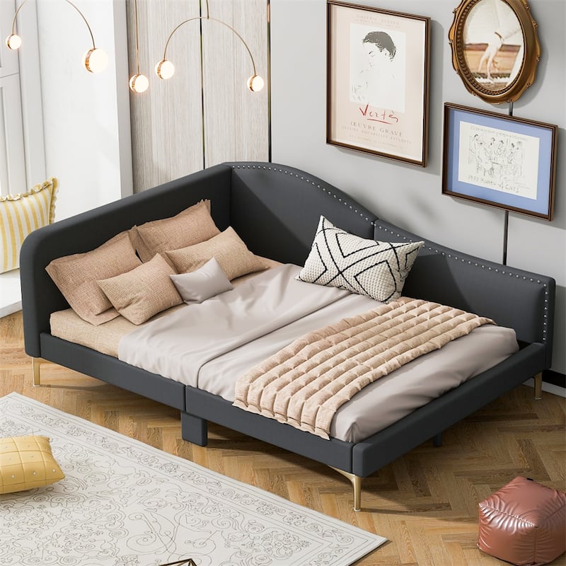 Full Size Upholstered Daybed with Headboard and Armrest, Support Legs - Grey