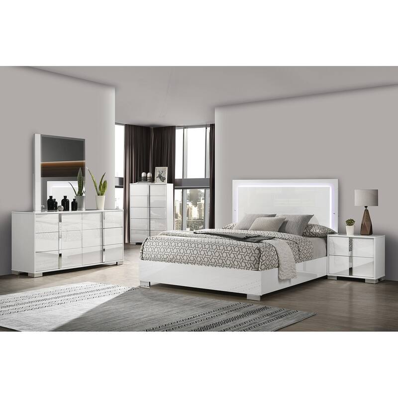 Contemporary White LED King Size Bed with Chrome Legs and UV Finish