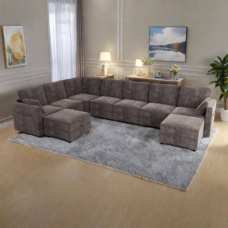 Modular 7-Seater Sectional Sofa with Storage and 2 Ottomans - Grey