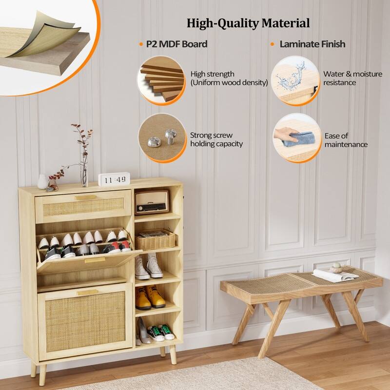 Rattan Hidden Shoe Cabinet with 2 Flip Drawers&1 Small Drawer& 5 Shelves