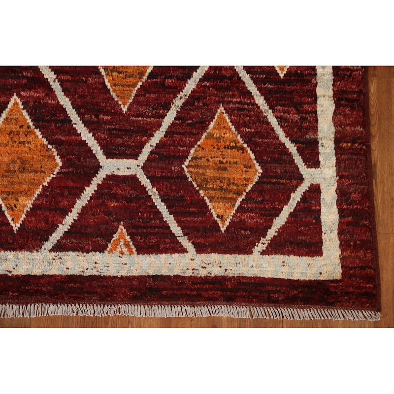Hand Knotted Oriental 100% Wool Carpet Modern Geometric Red Moroccan Area Rug - 9' 10'' X 6' 8''