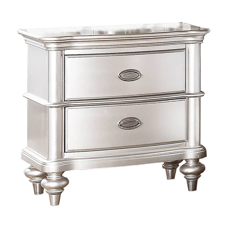 28 Inches 2 Drawer Wooden Nightstand with Turned Legs, Silver