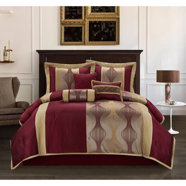 Grand Avenue Daniella 7-Piece Modern Geometric Comforter Set - Wine/Gold - King