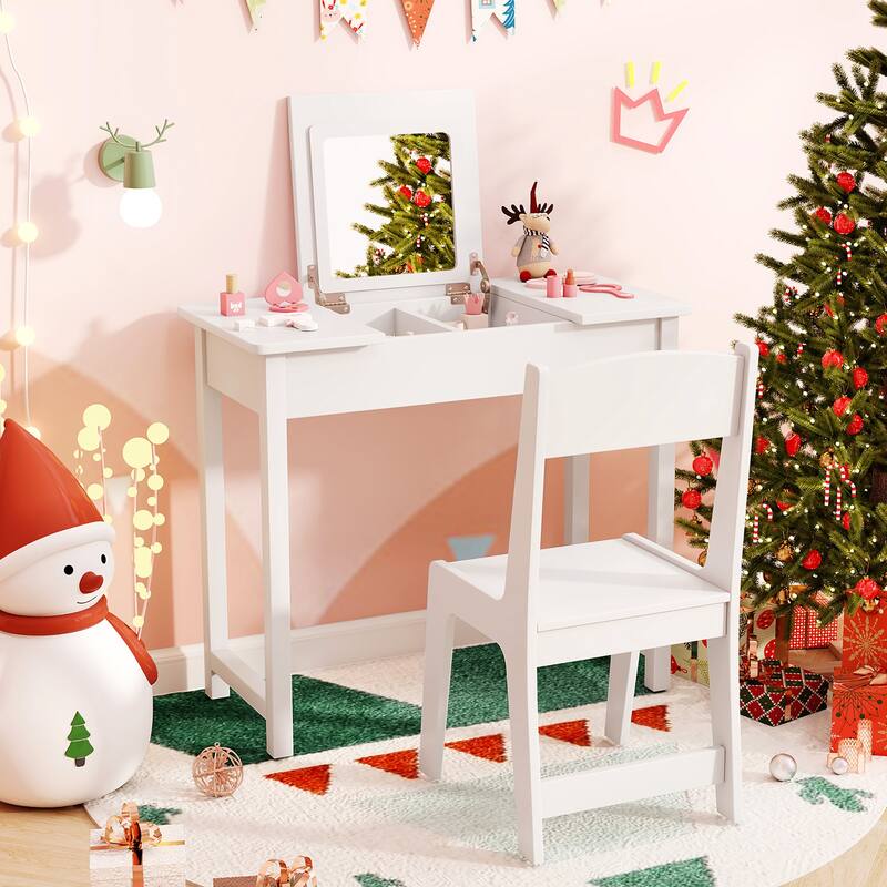 Gymax Kids Vanity Table & Chair Set 2-in-1 Princess Makeup Dressing