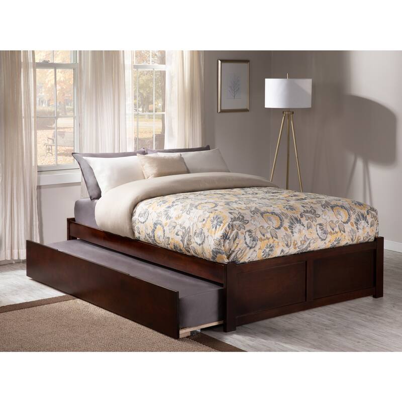Full Platform Bed with Trundle - Twin Size, Walnut Finish - Modern & Simple Design